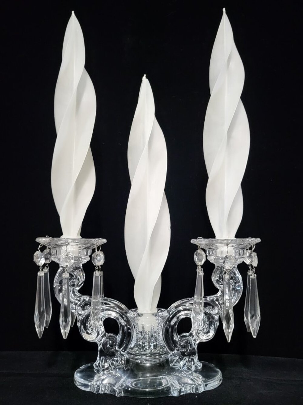 FOSTORIA TRIPLE GLASS CRYSTAL CANDELABRA PRISMS CANDLE HOLDER HEISEY BAROQUE